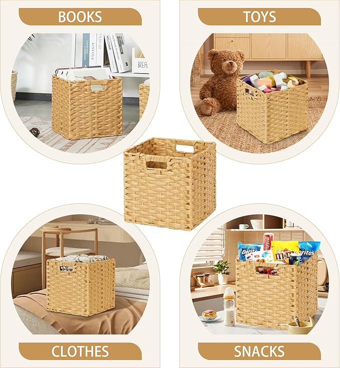 DULLEMELO Wicker Storage Baskets with Handles, Foldable Storage Cubes Set of 2 Plastic Wicker Baskets for Organizing Shelves,11 Inch Cube Baskets, Natural