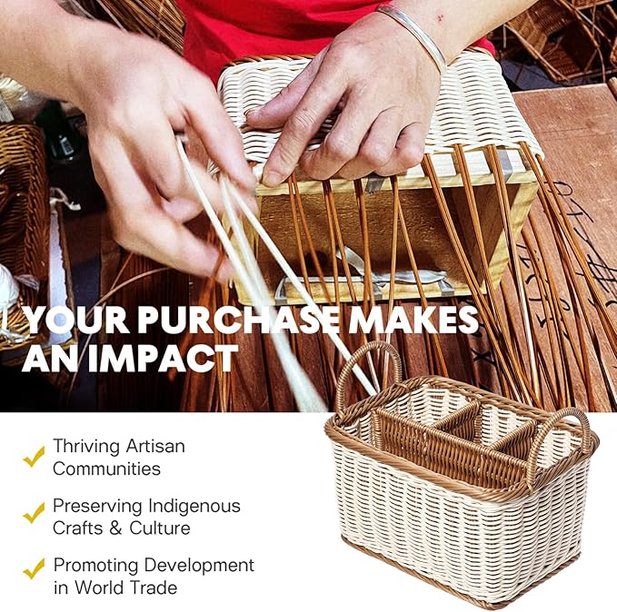 Wicker Flatware Organizer, Cutlery Holder for Countertop, Woven Cutlery Storage with Handles, 4 Compartments Utensil Tableware Basket