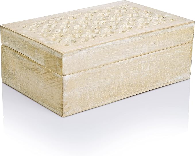 Mela Artisans Large Wooden Keepsake Box | Whitewash Memory & Decorative Storage Box for Jewelry, Photos & Trinkets with Hinged Lid | vintage Storage Box | Trellis Design | 9 x 6 x 3.5