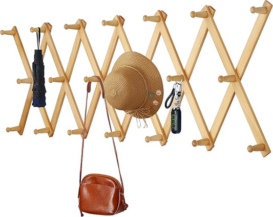 Dseap Accordian Wall Hanger: 16” High Wooden Wall Expandable Coat Rack, Hat Rack Holder, Accordion Hook for Baseball Caps, Coats, Mugs, 20 Peg Hooks, Natural