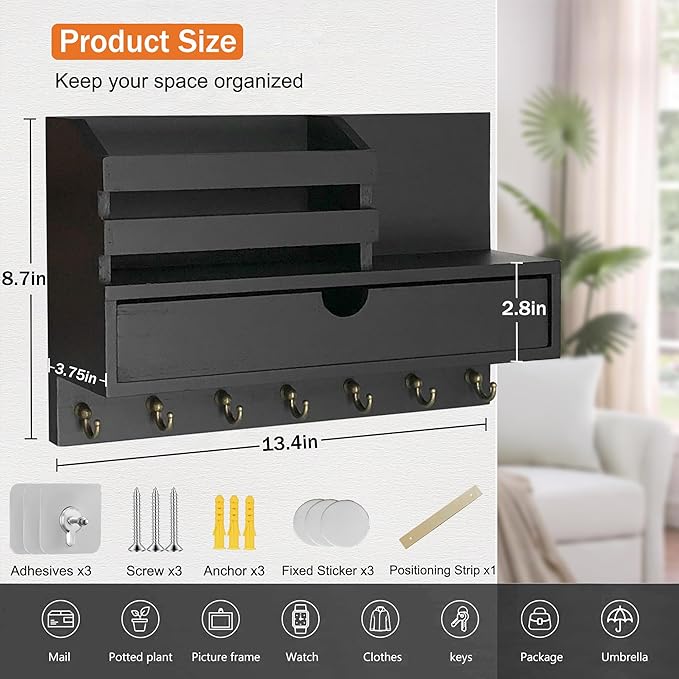 Key and Mail Holder for Wall, Mail Organizer Wall Mount with 6 Hooks and Storage Drawer, Wooden Key Rack Hanger with Shelf for Entryway and Home Decor