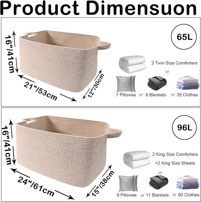 Magazine & Newspaper Baskets,65L Large Woven Rope Blanket Basket,21"x16"x12"Storage Bin with Handle,Toys Storage,Laundry Basket for Home Organization/Living Room/Nursery/Bedroom,Brown