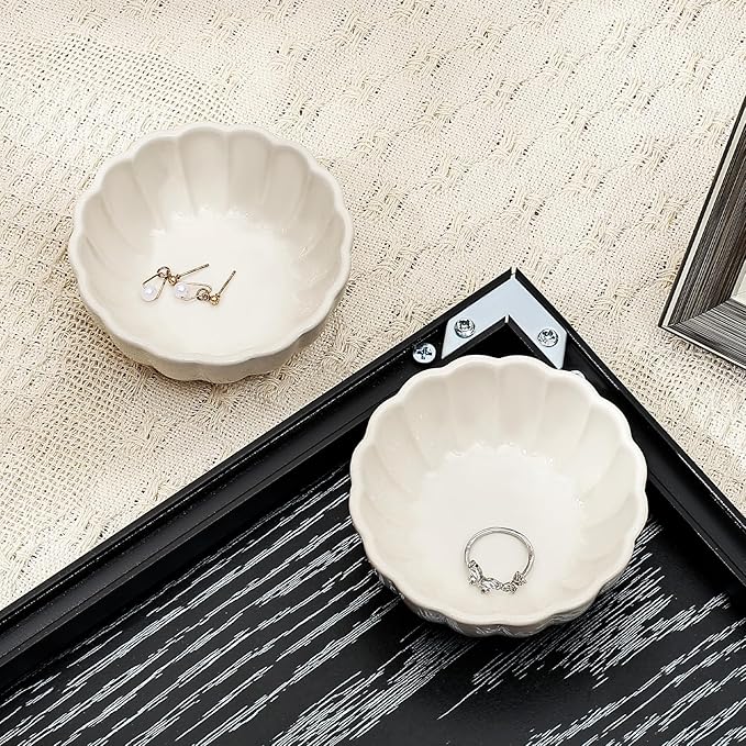 Koythin 2-Piece Small Trinket Dish, Ceramic Jewelry Ring Dish, Flower Key Holder Bowl for Women, Decorative Plate Tray for Dresser, Home Decor Organizer Trinket Tray (Round Petal Flower, White)