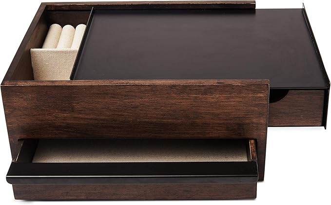Umbra Stowit Jewelry Box - Modern Keepsake Storage Organizer with Hidden Compartment Drawers for Ring, Bracelet, Watch, Necklace, Earrings, and Accessories, Black/Walnut