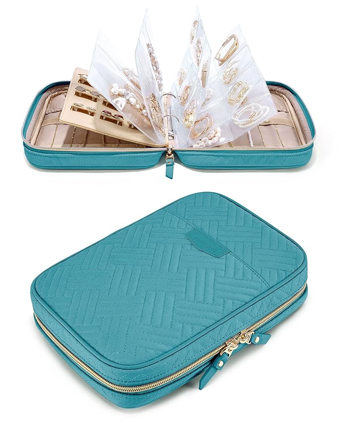 BAGSMART Jewelry Travel Organizer Case for Home Jewelry Organizer Storage Ring Binder Clear Bags Zipper Rolls Pouch for Necklaces, Earrings, Rings, Bracelets, Teal