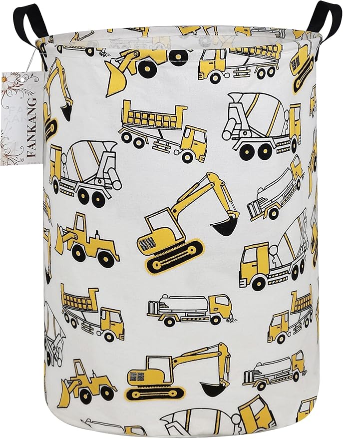 FANKANG Storage Basket, Nursery Hamper Canvas Laundry Basket Foldable with Waterproof PE Coating Large Storage Baskets for Kids Boys and Girls, Office, Bedroom, Clothes,Toysï¼excavatorï¼