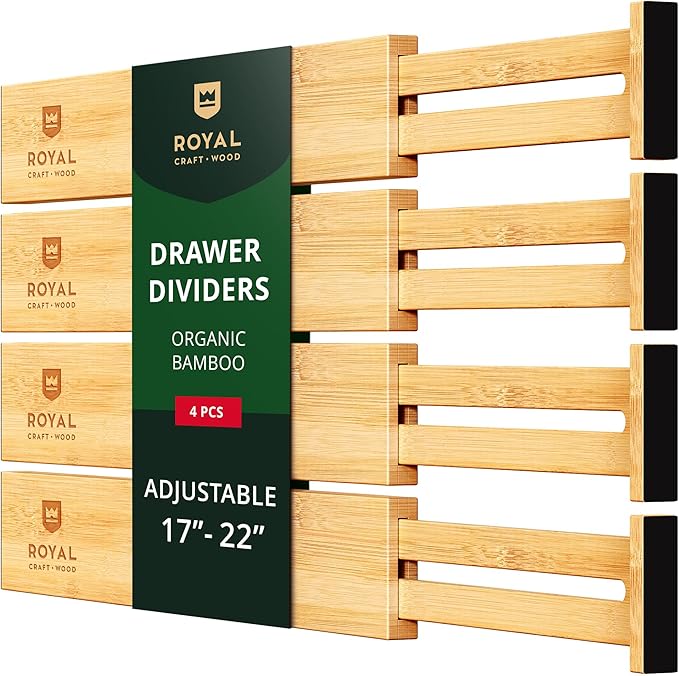 ROYAL CRAFT WOOD Adjustable Bamboo Drawer Dividers Organizers (17-22") - Multipurpose Storage Boxes 5 pcs