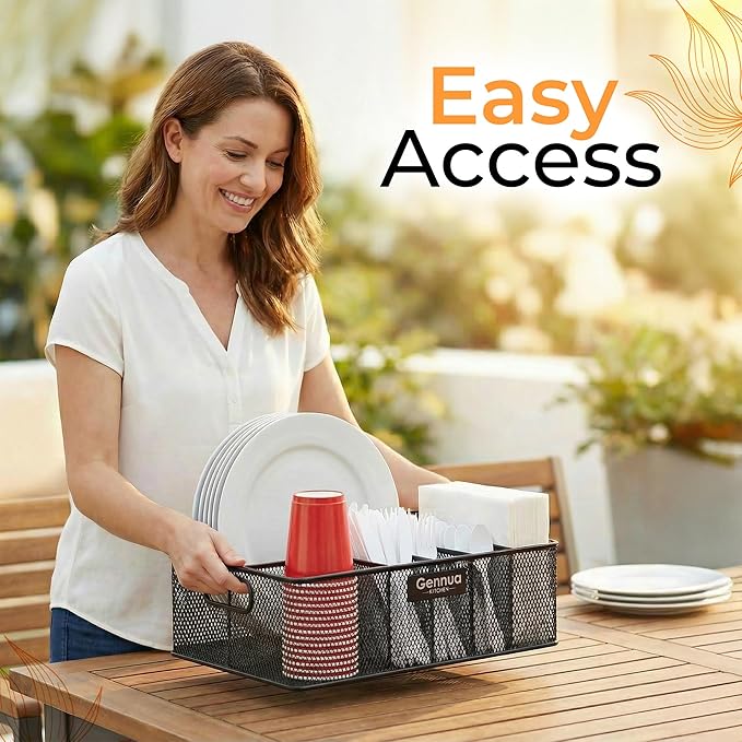 Paper Plate Organizer for Cabinet, Counter, Picnics, Parties & More, Extra Large Utensil Caddy Crafted of Thick Iron Mesh With 6 Compartments for Paper Plates & Plastic Silverware