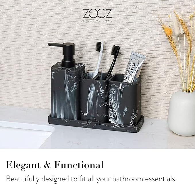 ZCCZ Bathroom Accessories Set, 4-Piece Marble Pattern with Soap Dispenser, Toothbrush Holder, Tumbler, and Soap Dish for Modern Bath Décor, Elegant and Durable Design for Home or Office Bathrooms