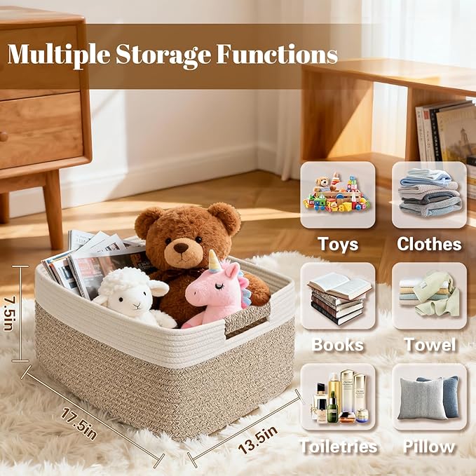 4 Pack Large Storage Basket for Organizing, 17.5"x13.5"x7.5" Woven Basket for Shelves, Closet Cube Storage Bins with Wrapped Handle, Cotton Rope Baskets for Kitchen, Clothes, Toys(Off White & Brown)