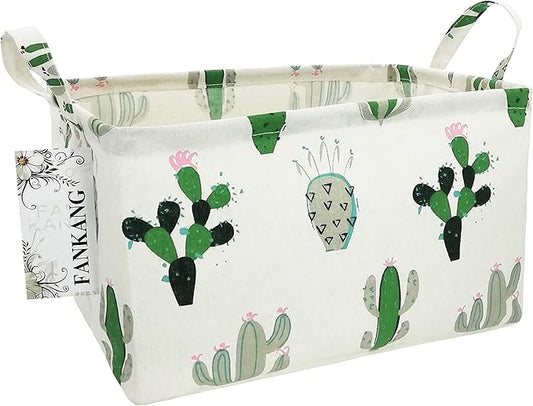 FANKANG Storage Basket,Nursery Hamper Canvas Laundry Basket Foldable with Waterproof PE Coating Storage, Office, Bedroom, Clothes,Toys (L, Rec-Cactus)