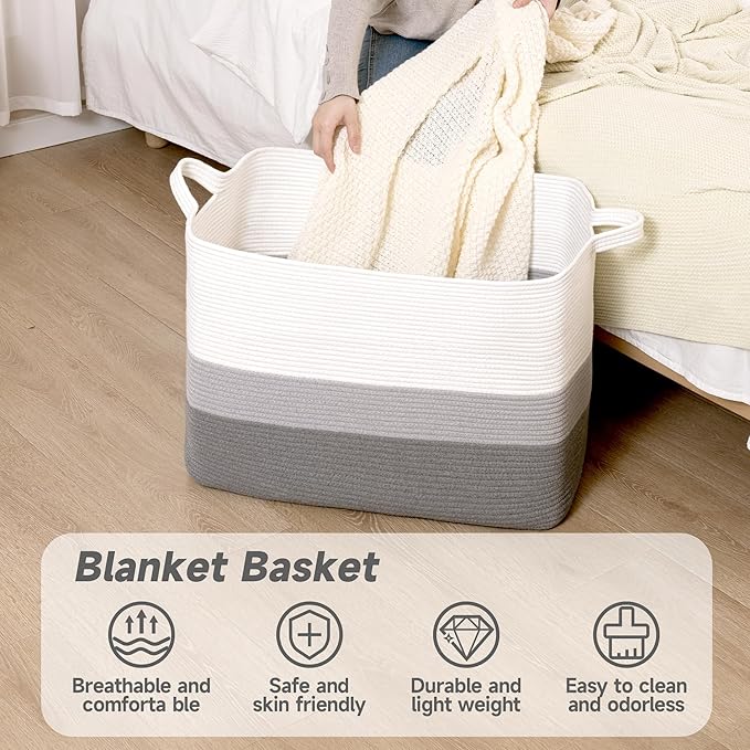 CLHMILY&Z Stylish Square Cotton Rope Storage Basket (Grey & White, 110L)