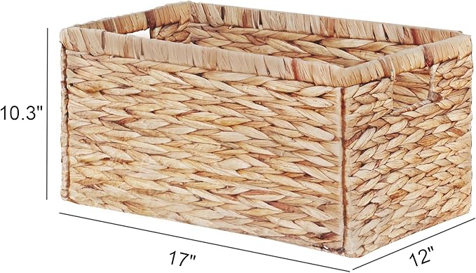 Vagusicc Wicker Storage Basket, Set of 2 Hand-Woven Water Hyacinth Storage Baskets for Organizing, 17 inch Large Wicker Basket for Shelves, Foldable Cube Organizer Bins for Bathroom