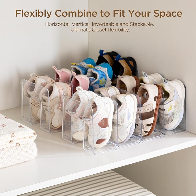 HBlife Clear Acrylic Kids Shoe Rack for Closet Organizers and Storage, Small Shoe Rack 4 Sections Toddler Baby Shoe Storage Organizer Stackable Shoe Shelf,Desk File Sorter Book Purse Organizer(1 Pack)