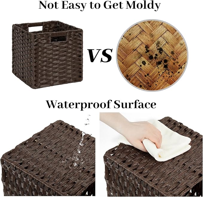 DULLEMELO Wicker Storage Baskets 11x11 Cube Storage Bins for Organizing Plastic Woven Baskets Set of 4 Waterproof Wowen Storage Cube Organizer for Pantry Closet Set of 4 - Deep Coffee