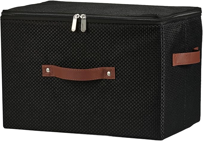 Storage Bins with Lid Fabric Storage Box Basket PU Leather Handle Textured Woven Cotton Linen Decorative Foldable Washable Shelf Closet Organizer Container (Zipper Lid, Black, Large)