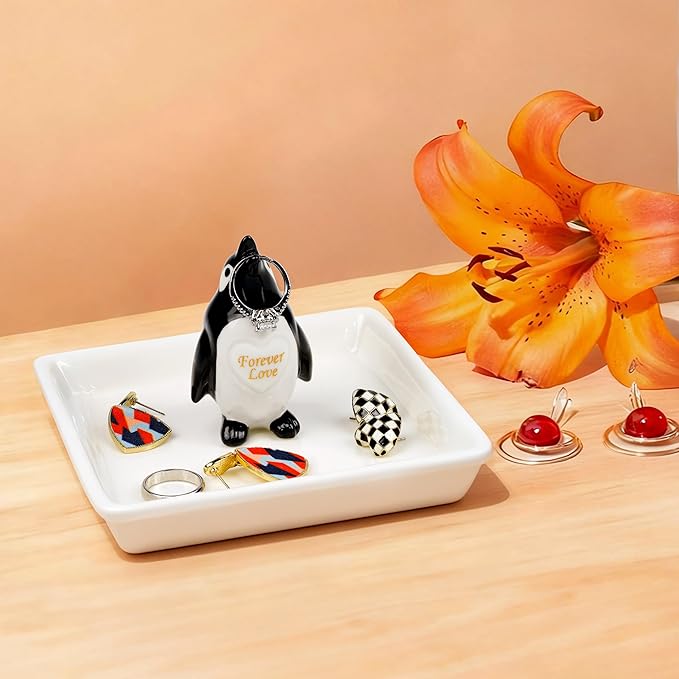 PUDDING CABIN Penguin Gifts for Women, Ring Holder Jewelry Tray, Penguin Figurine Forever Lover Anniversary Wedding Birthday Mothers Day Gifts for Girlfriend Wife FiancÃ©e Daughter Mom