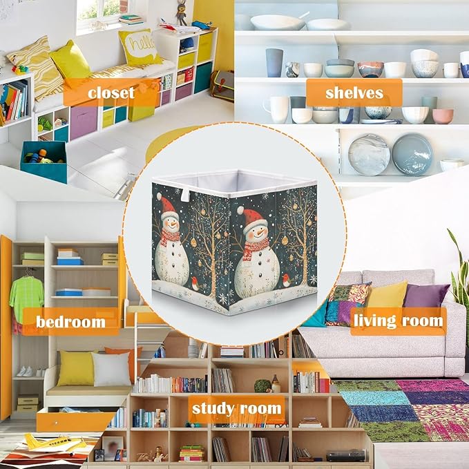 Bolaz Snowman and Bird Closet Organizers Storage Cubes Storage Bins Shelf Baskets Containers for Home Room Office,Square