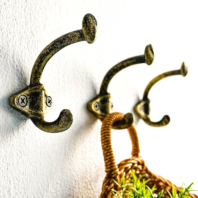 Dseap Cast Iron Wall Hooks, Heavy Duty Coat Hooks, Rustic Vintage Farmhouse Hook for Hanging Winter Coats Jackets Towels Hats Bags Plants, Antique Black& Gold, Pack of 5 (ShldCast)