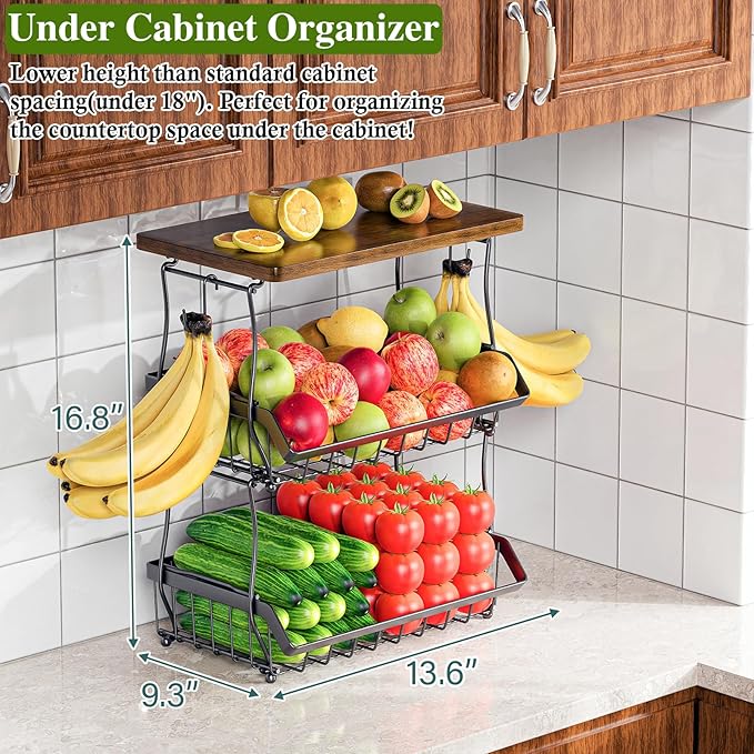 3-Tier Fruit Basket for Kitchen Counter with Banana Hangers, Countertop Organizer Fruit Bowls with Wood Top, Fruit Storage Basket Stand for Storage Potato Onion Bread Snack Fruit Veggie