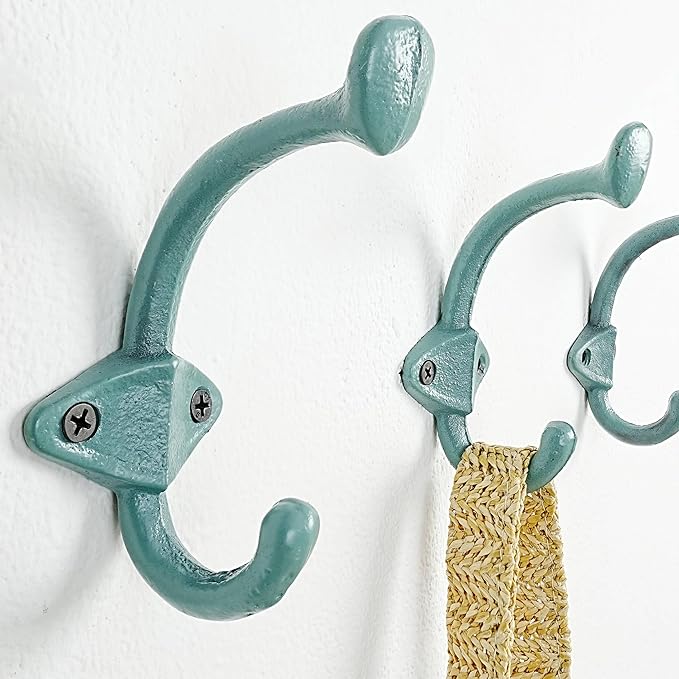 Dseap Cast Iron Wall Hooks L=5”, Heavy Duty Coat Hooks, Rustic Vintage Farmhouse Hook for Hanging Winter Coats Jackets Towels Hats Bags Plants, Mint Green, Pack of 5 (ShieldBold)
