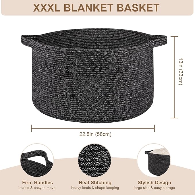 Large Woven Baskets for Storage, 22.8" x 22.8" x 13" Blanket Storage Living Room, Baby Toy Basket for Clothes, Pillows, Towels, Shoe Basket for Entryway (Black)