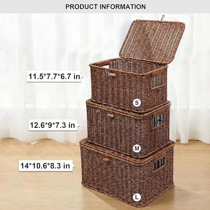 Nonam Wicket Basket with Lid, Large Shelf Baskets for Boho Deco, Plastic Storage Organizer Bins-Stackable Containers Boxes for Home & Office Shelves, Kitchen, Garage and Bathroom Organization, Brown