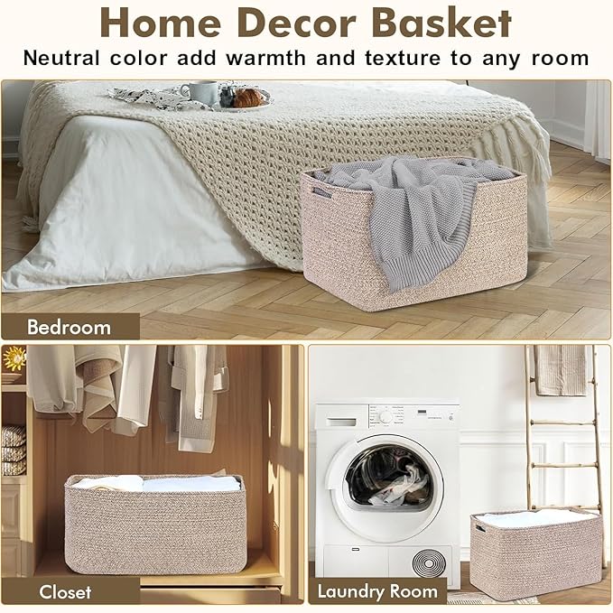 75L Large Blanket Basket, Woven Storage Baskets with Reinforced Handles, Rope Laundry Basket for Living Room, Bedroom, Nursery, Toys, Clothes,Pillows, 22â x 17â x 11.5â, Brown