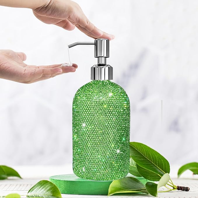 SlowVibes 18Oz Bling Green Soap Dispenser with Rust Proof Stainless Steel Pump,Refillable Liquid Hand Wash Bottle for Bathroom Kitchen,Sparkle Decorative Shower Dispenser,Rhinestone Lotion Dispenser