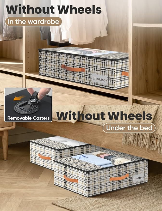 2-Pack Under Bed Storage Bins with Wheels and 4 Vacuum Seal Bags, Heavy Duty 80lbs Capacity,7.9 Inch Clear Lid Organizer for Dorm Bedroom Clothes Shoes Toys,Quick Assembly Space Saver Houndstooth