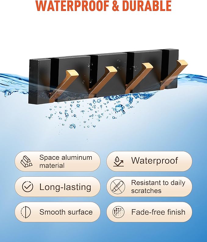2 Pack，Elegant Black Gold Waterproof Wall Hooks, Foldable Towel Hooks for Bathrooms - Stylish Coat Hooks Wall Mounted-Ideal for Bathroom, Kitchen, Balcony Décor-Space-Saving Storage Solution