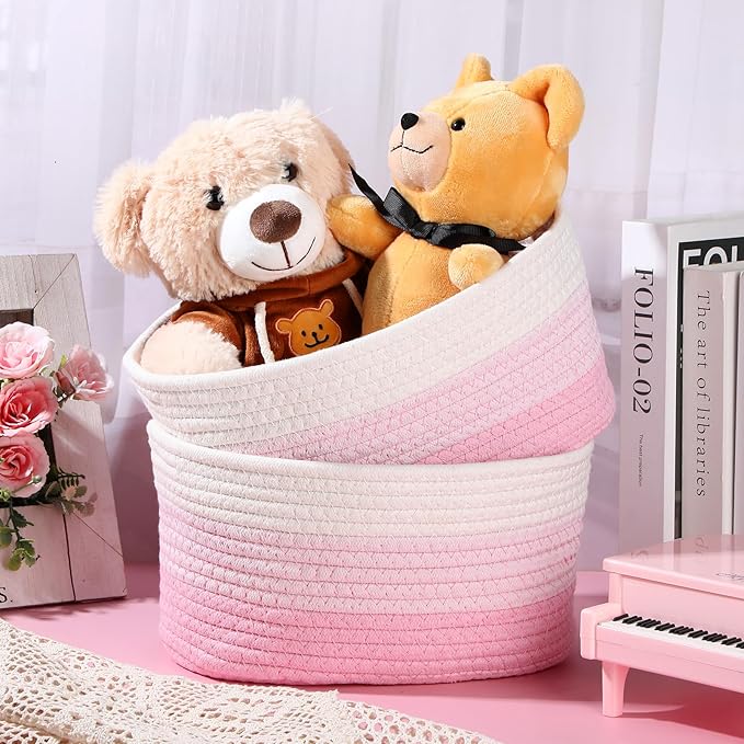 Sawysine 6 Pcs Cotton Rope Woven Basket for Storage Baskets for Organizing Storage Baskets Rope Basket with Handles for Cloth Blanket Toys Living Room Bathroom Laundry (Pink and White)