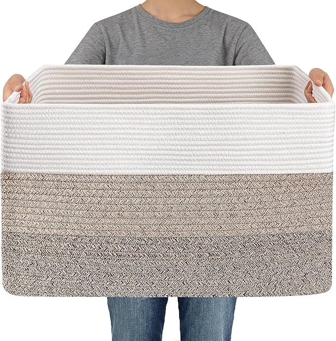 Woven Blanket Basket,65L Large Storage Bin for Blankets Toys Clothes,Decorative Rope Basket for Living Room Bedroom with Handles, White&Brown