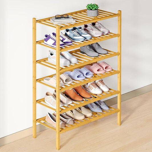 Smiry Bamboo Shoe Rack for Closet, 6 Tier Wooden Stackable Shoe Organizer, Free Standing Shoes Storage Shelf for Entryway, Front Door Entrance, Natural