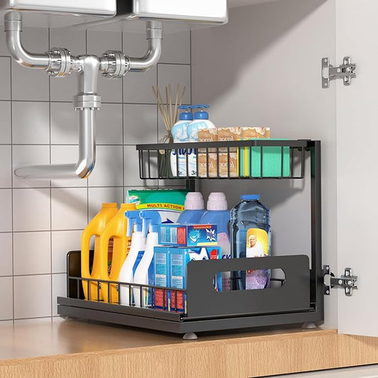 Under Sink Organizer 2 Tier, Pull Out Drawer Slides Under Sink Storage for Bathroom Kitchen,Multi-Purpose Drawer Under Cabinet Organizer for Cleaning Supplies (Black, 1 Pack)