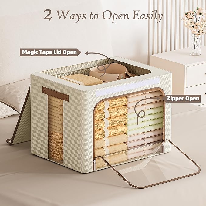 Yecaye Clothes Storage Bins with Metal Frame, Foldable Clothing Storage Bin with Lid, Stackable Oxford Fabric Organizer Box With Clear Window & Zippers & PU Leather Handles (3 Pack,Beige,40L)
