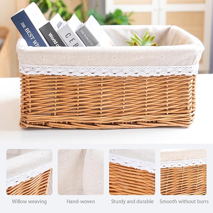 Willow Storage Basket with Linen Liner - 17.32 x 12.99 x 8.27 Inch Handwoven Decorative Bin for Home, Kitchen, Nursery - Rustic Organizer for Blankets, Toys, Fruits & More