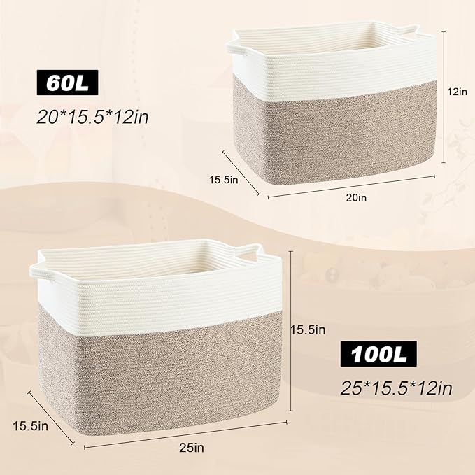 Large Blanket Basket, 60L Storage Baskets for Organizing, Woven Laundry Basket for Blankets, Cotton rope Blanket Storage for Living Room, Nursery Room, 19.7" L x 15.74" W x 11.8" H, Brown