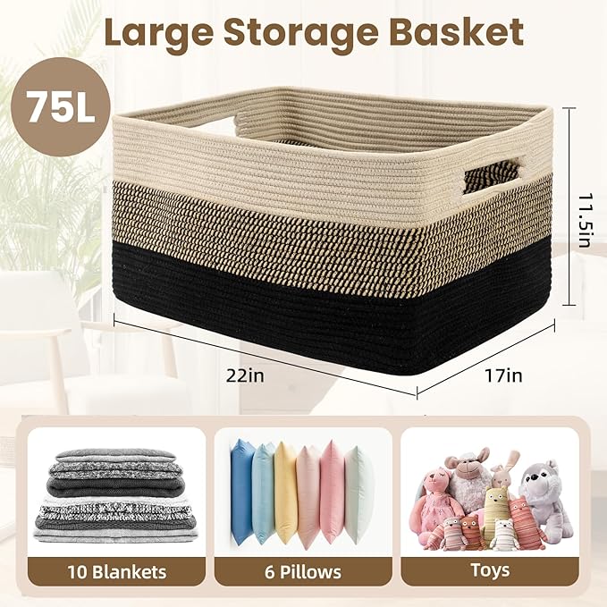 75L Large Blanket Basket, Woven Storage Baskets with Reinforced Handles, Rope Laundry Basket for Living Room, Bedroom, Nursery, Toys, Clothes, Pillows, 22â x 17â x 11.5â, Black & Brown