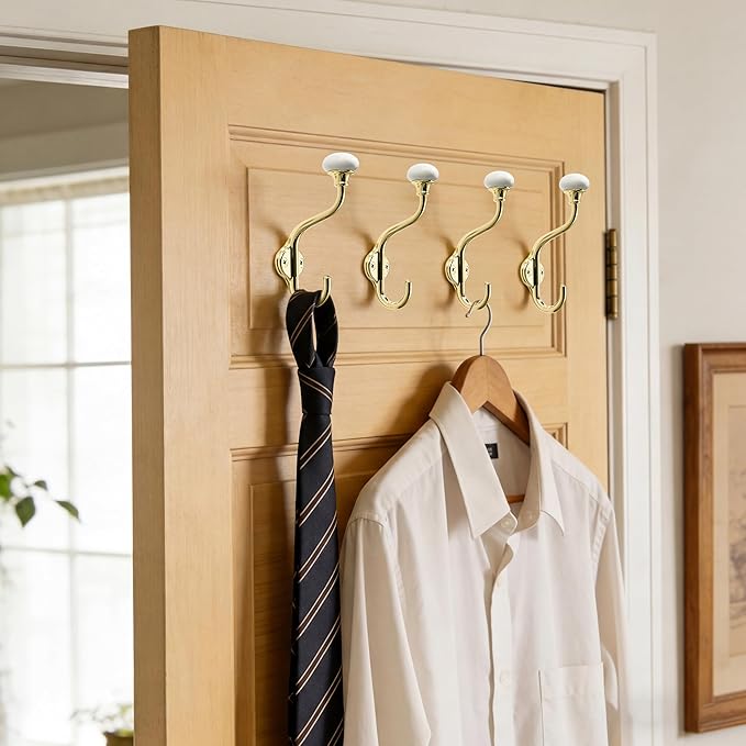 TUNNY Coat Hooks - 5 Pack Polished Gold Towel Hooks Robe Hooks Decorative Wall Hooks for Bathroom Bedroom Kitchen Towel Robe Clothes Cabinet Closet Bathroom Hardware