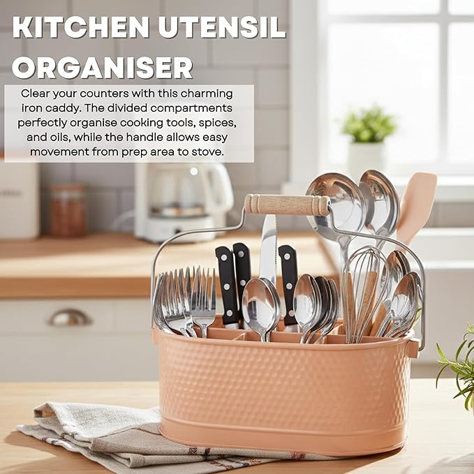 Alpha Living Home Metal Utensil Caddy - 4 Compartment Silverware, Flatware, Cutlery Holder with Handle - Kitchen Organizer for Countertop, Buffet, Picnic, BBQ, Farmhouse(Peach)