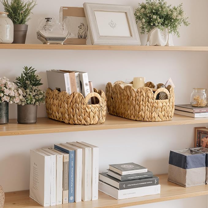 StorageWorks Scalloped Wicker Basket, Woven Baskets for Storage, Rattan Baskets with Handles, Paper Rope Basket for Organizing and Decor, 2 Pack