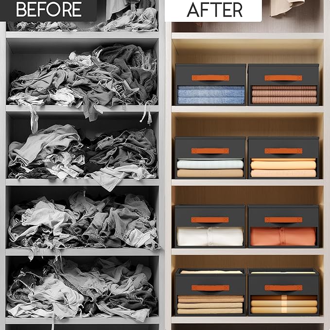 Drawer Organizers and Storage - 10 Pack Foldable Pants Organizer with Clear Window & Handles, Fabric Closet Organizer for Clothes, Jeans, Sweaters, Towels, T-shirt, Scarf (Black)