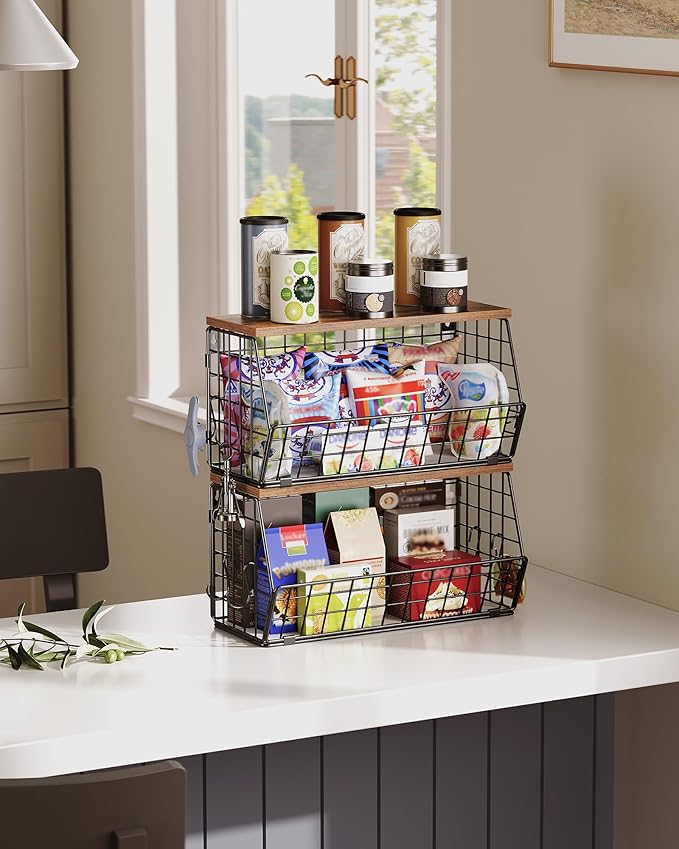 2-Tier Fruit Basket for Kitchen, Stackable wire basket with Wooden Lid, Hanging Basket with 4 Banana Hanger Hooks, for Snack, Fruit, Vegetable Storage, Rustic Brown and Black TCW04P2BF