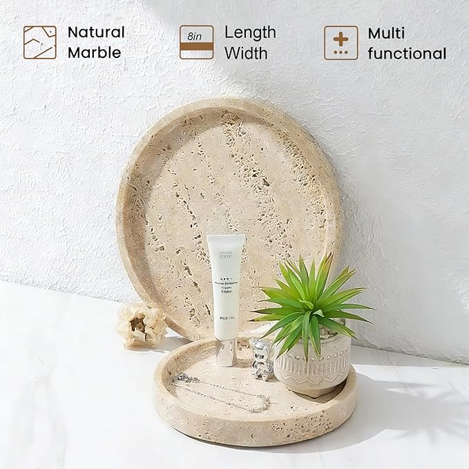 Natural Marble Tray, Round Tray for Bedroom/Bathroom/Kitchen/Vanity Countertop, Jewelry Tray for Rings Earrings Necklace Bracelet Watch, Room Decor Aesthetic