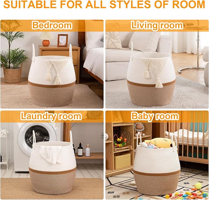 OIAHOMY 80L Blanket Basket with Handle, Storage Basket for Living Room, Laundry Hamper for Clothes, Towels, Pillows, Toy Storage for Kids and Dogs, Baby Hamper for Nursery - Brown & White