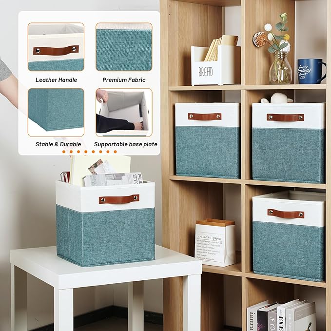 HNZIGE Storage Organizer Bins Fabric Cubes for Cube Organizer Bins for Organizing 11 Cube Storage Bin, Collapsible Storage Bins with Handles,Foldable Storage Cubes(White&Dark Green)