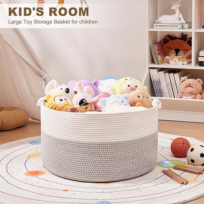 Large Blanket Storage Basket for Living Room, 22.8" x 22.8" x 13" Woven Cotton Rope Basket with Handles, Baby Toy Storage, Laundry Hamper for Clothes, Pillows, Towels-Grey and White