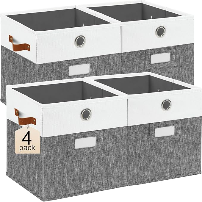 11x11 Cube Storage Organizer Bins Set of 4,foldable Storage Bins with Label,Cubby Storage Organizer with Metal pull ring and Leather Handles(Grey/White)
