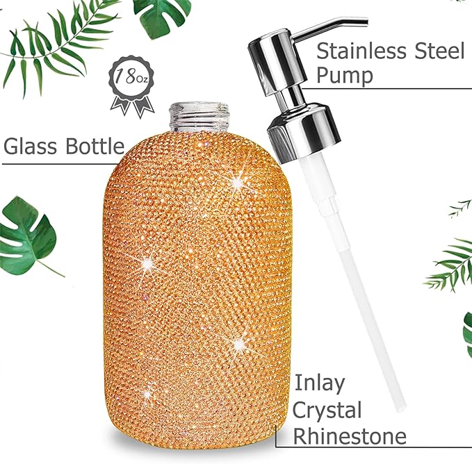 SlowVibes 18Oz Bling Gold Soap Dispenser with Rust Proof Stainless Steel Pump,Refillable Liquid Hand Wash Bottle for Bathroom Kitchen,Sparkle Decorative Shower Dispenser,Rhinestone Lotion Dispenser